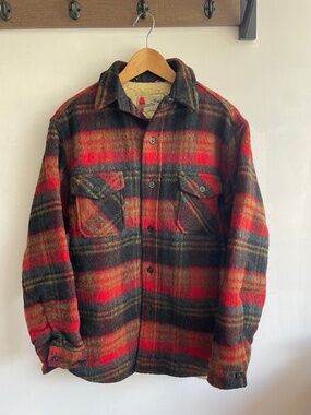 Vintage 60s William Barry CPO Shag Wool  Multicolor Plaid, Men’s L, Sherpa Lined